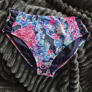 Lilly Pulitzer Navy Bikini Bottoms with Pink & Turquoise Floral Trim